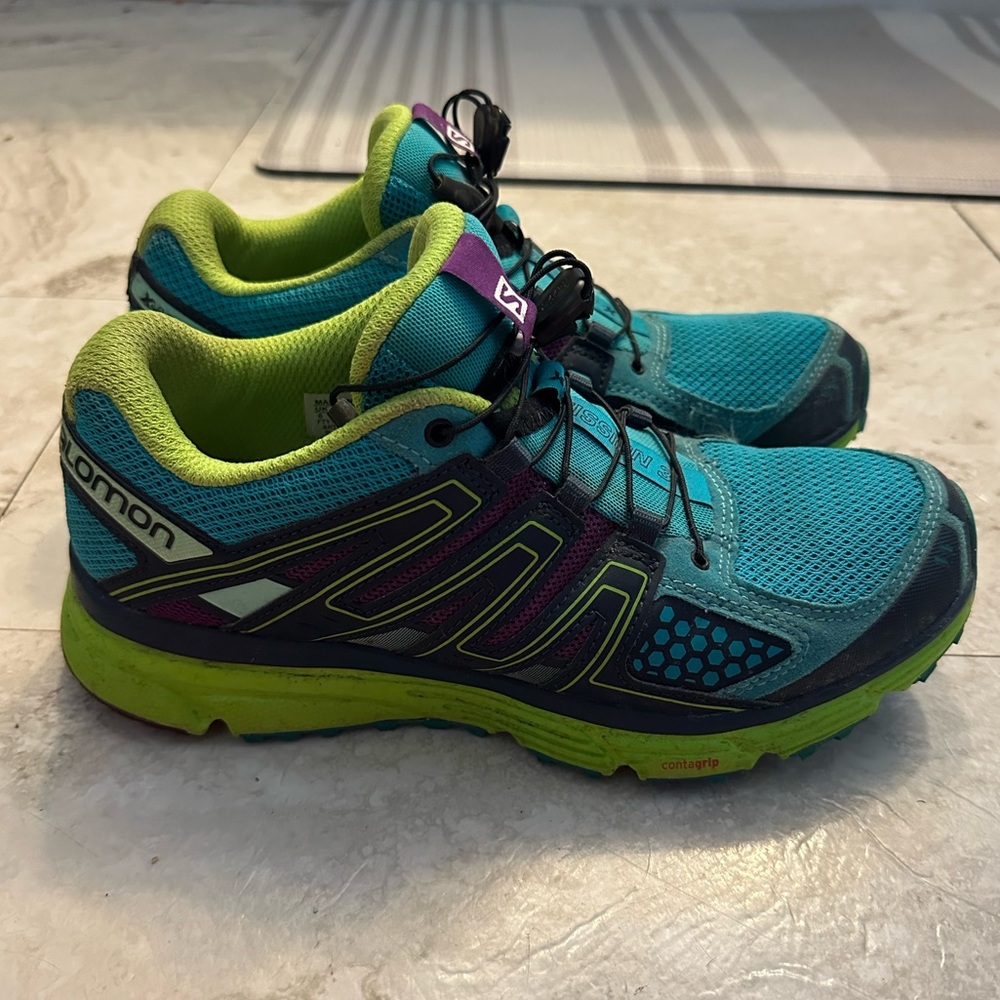 Salomon Turquoise and Neon Green Trail Shoes